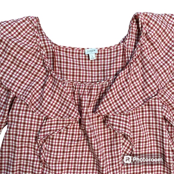 J. Crew Women's Red Plaid Ruffle Long Sleeve Blouse Top Square Neck Size L - Picture 3 of 12